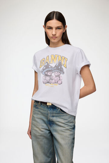 Model wearing white T-shirt with Mushroom Teddy