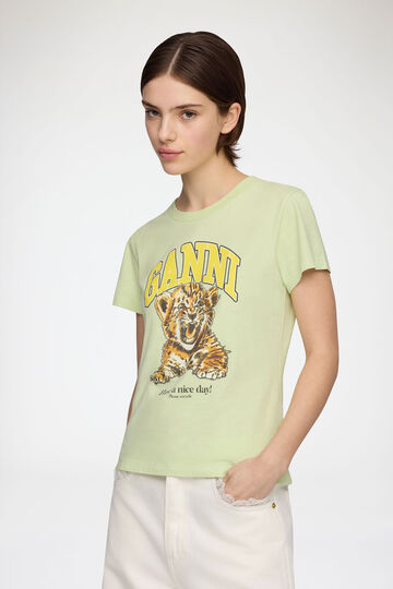 Model wearing green t-shirt with tiger print