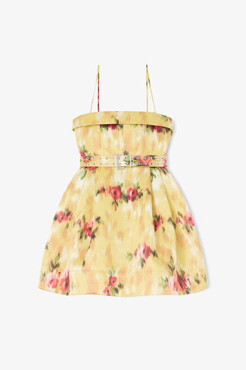 Yellow mini dress with flower print and buckle belt