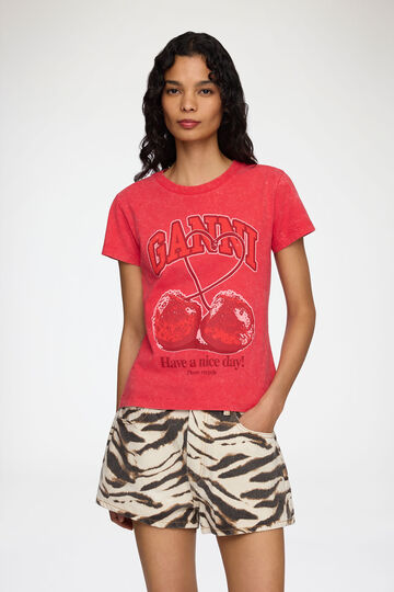 Model wearing red cherry printed t-shirt