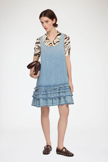 Model wearing short denim dress