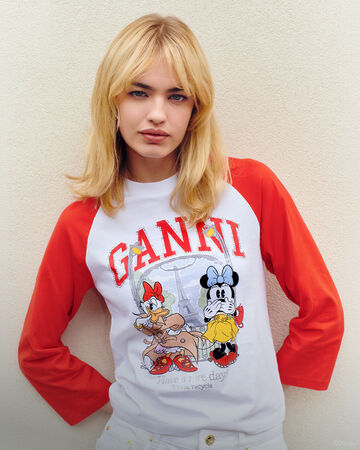 Model wearing GANNI x Disney long sleeve T-shirt