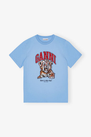 Blue T-Shirt with GANNI logo and tiger print