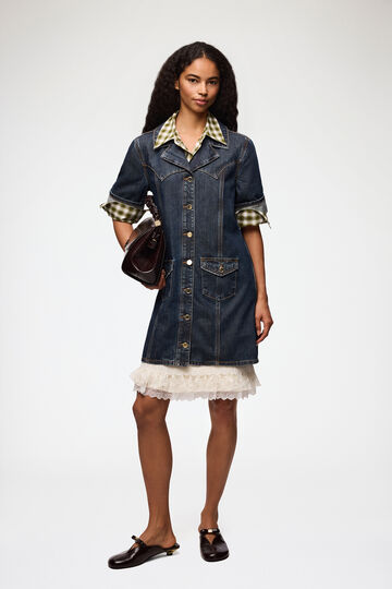 Model wearing denim dress