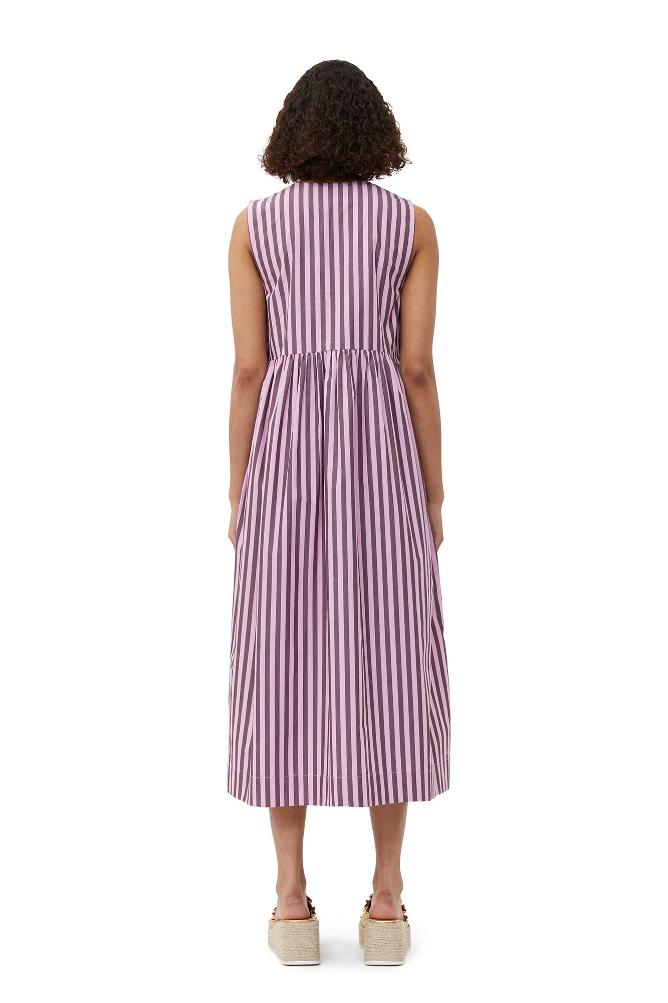 Striped Cotton Midi Dress, Cotton, in colour Bonbon - 2 - GANNI