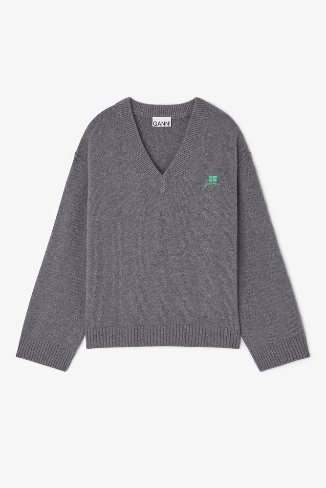Grey Wool Mix V-neck Jumper, Charcoal Grey