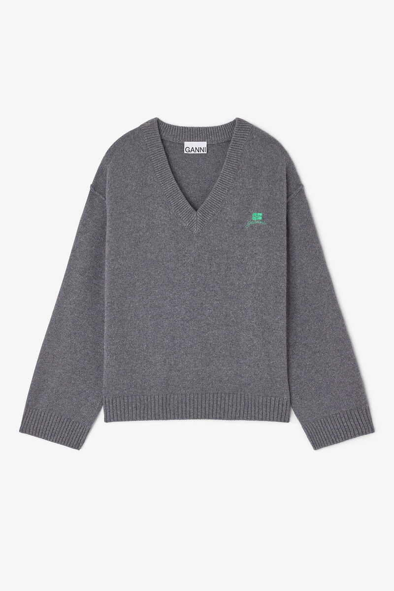 Grey Wool Mix V-neck Jumper, Viscose, in colour Charcoal Grey - 1 - GANNI