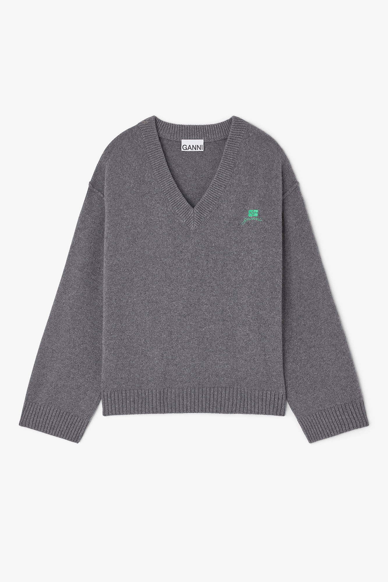 Grey Wool Mix V-neck Jumper, Viscose, in colour Charcoal Grey - 1 - GANNI