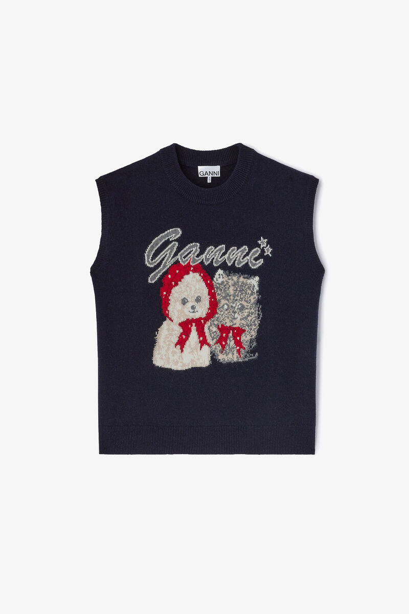 Black Animal Graphic Vest, Recycled Polyamide, in colour Sky Captain - 1 - GANNI