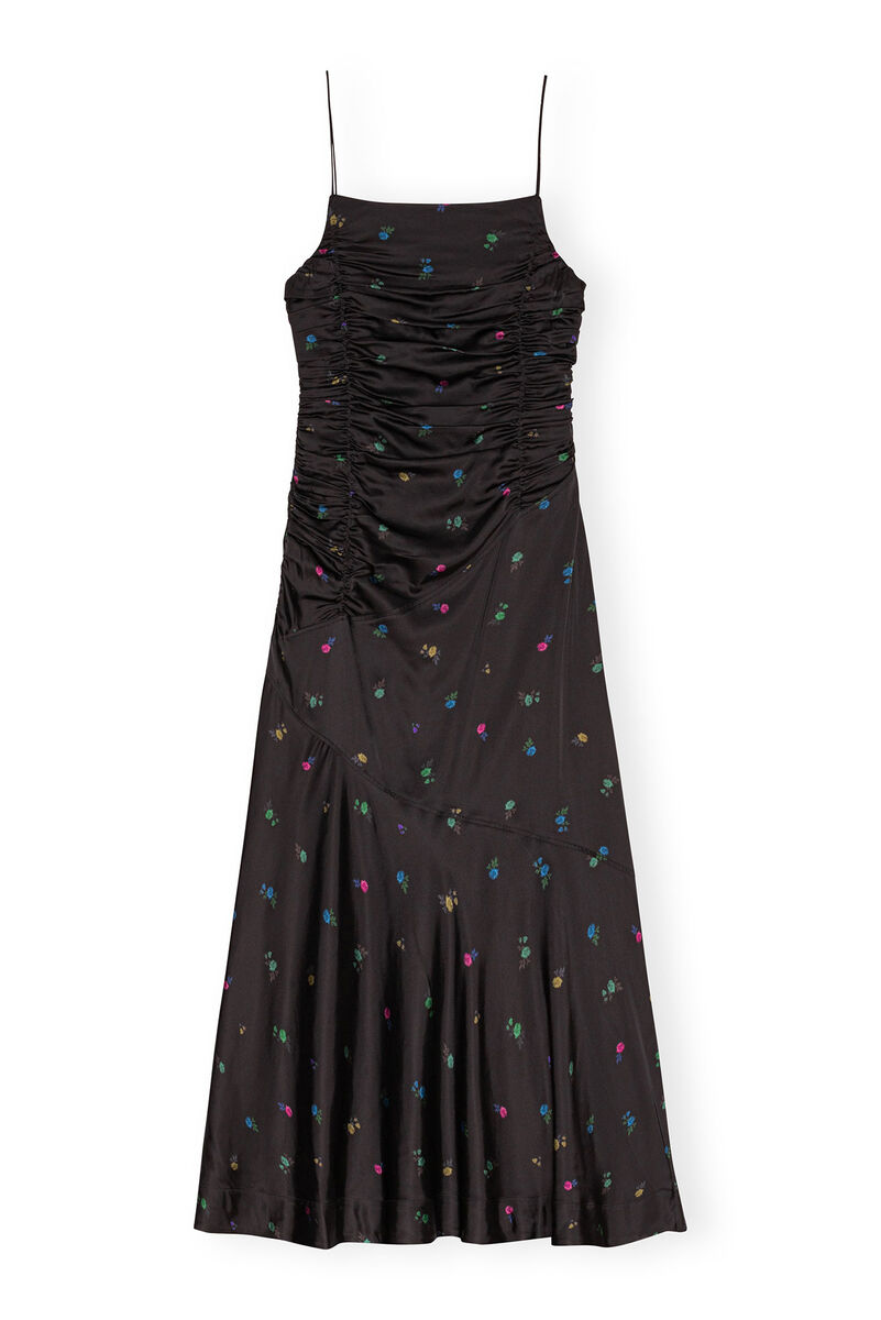 Floral Satin Ruched Long Slip-kjole, in colour Black - 1 - GANNI