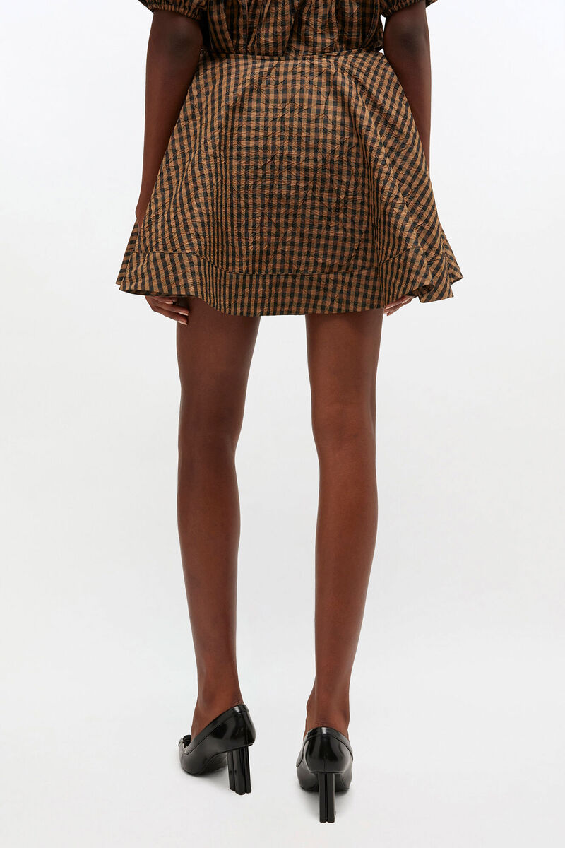 Crinkled Check Mini Circle Skirt, in colour Tobacco Brown - 3 - GANNI