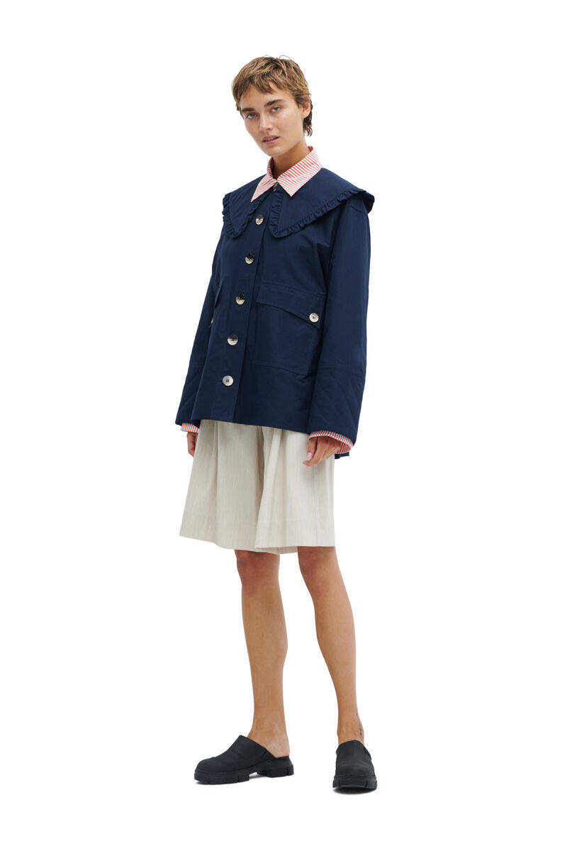 Cotton Canvas Frill Collar Jacket, Linen, in colour Sky Captain - 1 - GANNI