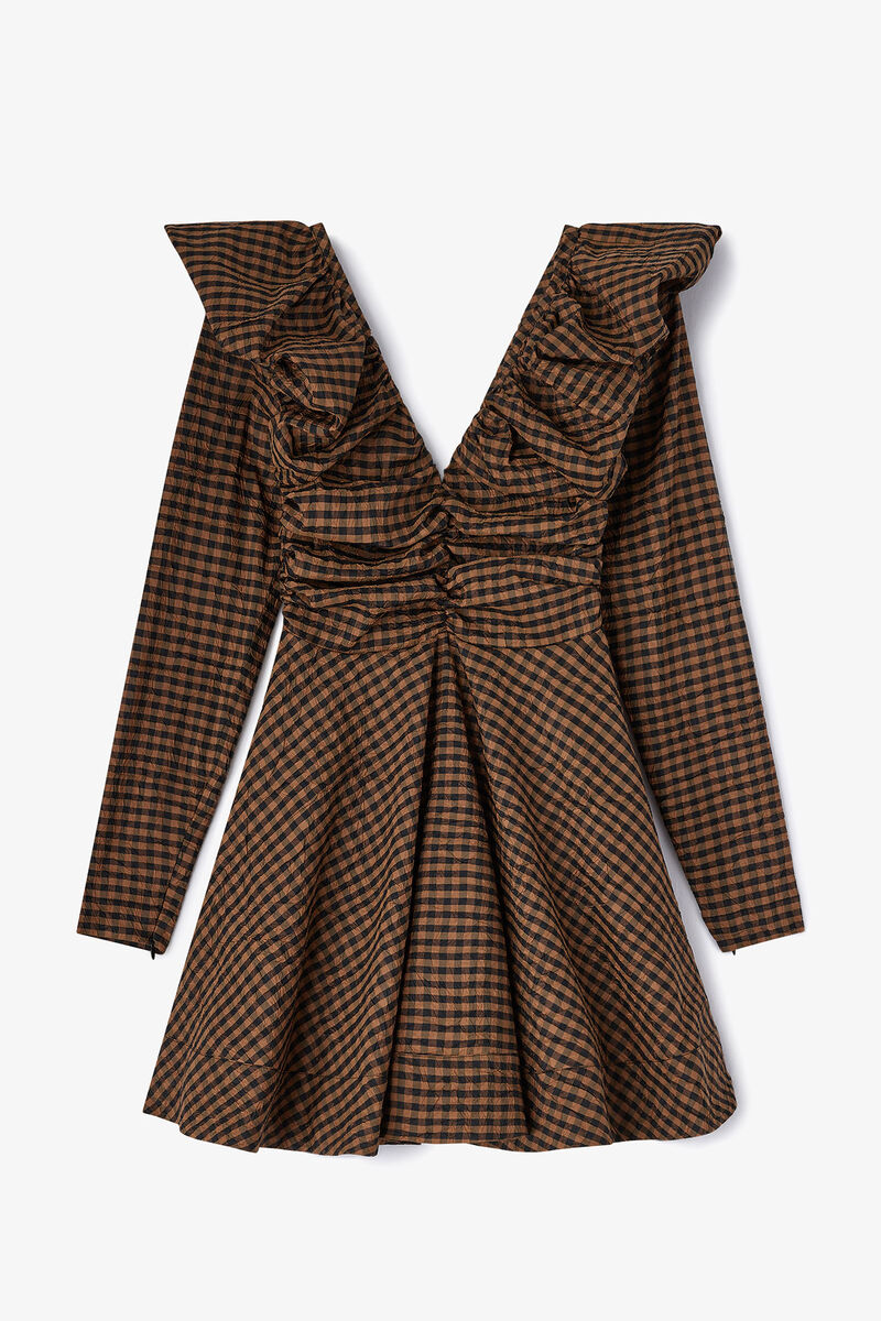 Dress in Check Taffeta, Recycled Polyester, in colour Tobacco Brown - 2 - GANNI