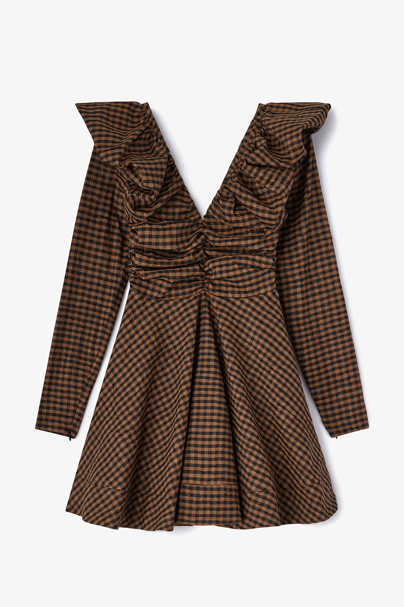 Dress in Check Taffeta, Recycled Polyester, in colour Tobacco Brown - 2 - GANNI
