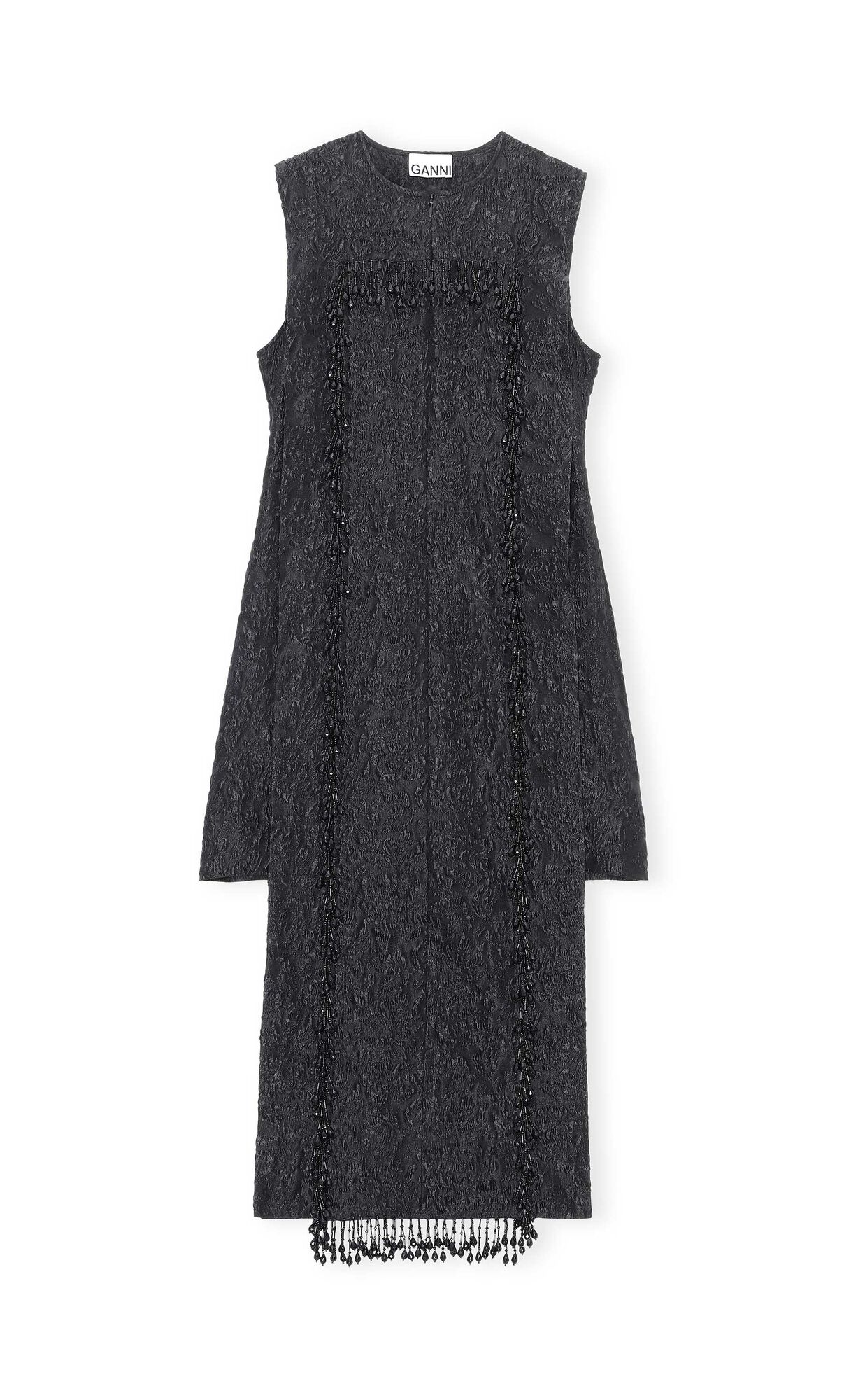 Jacquard Organza Fringe Sleeveless Two Layer Dress, Nylon, in colour Black - 1 - GANNI