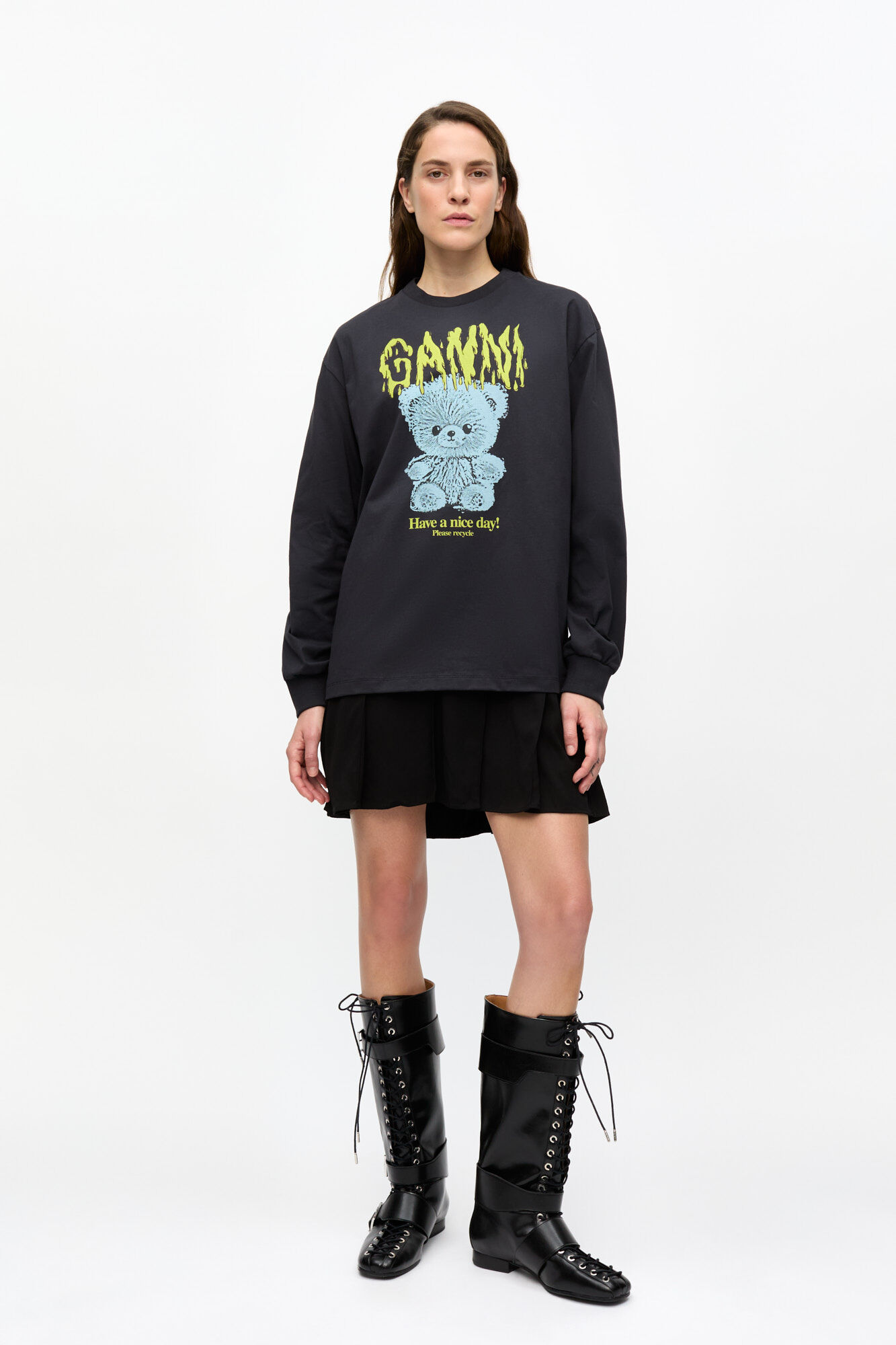 Sort langærmet teddy T-shirt i basalt bomuld, Cotton, in colour Phantom - 2 - GANNI