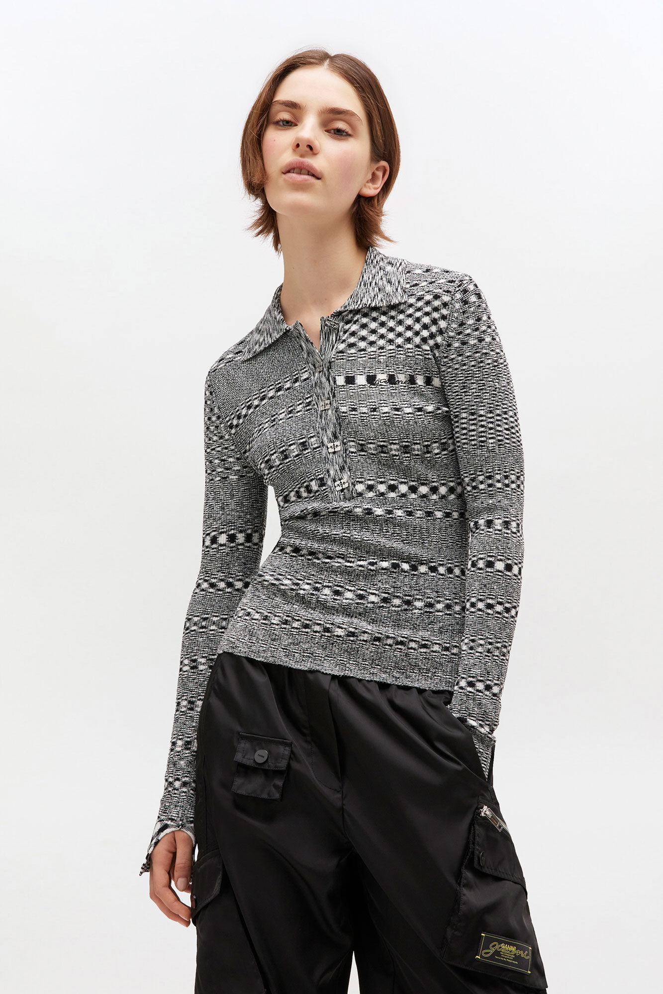 Grey Striped Knitted Polo Shirt, Polyamide, in colour Black - 1 - GANNI
