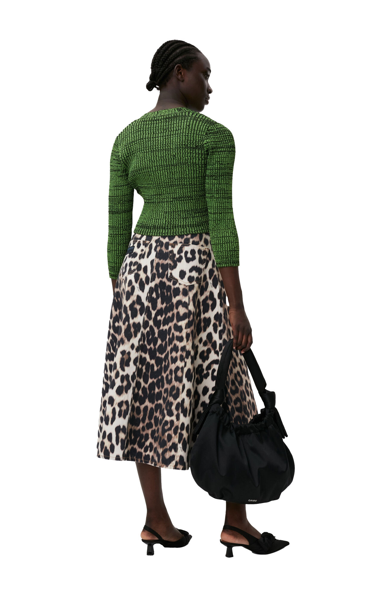 Green Cropped Melange Knit Cardigan, Elastane, in colour Kelly Green - 2 - GANNI