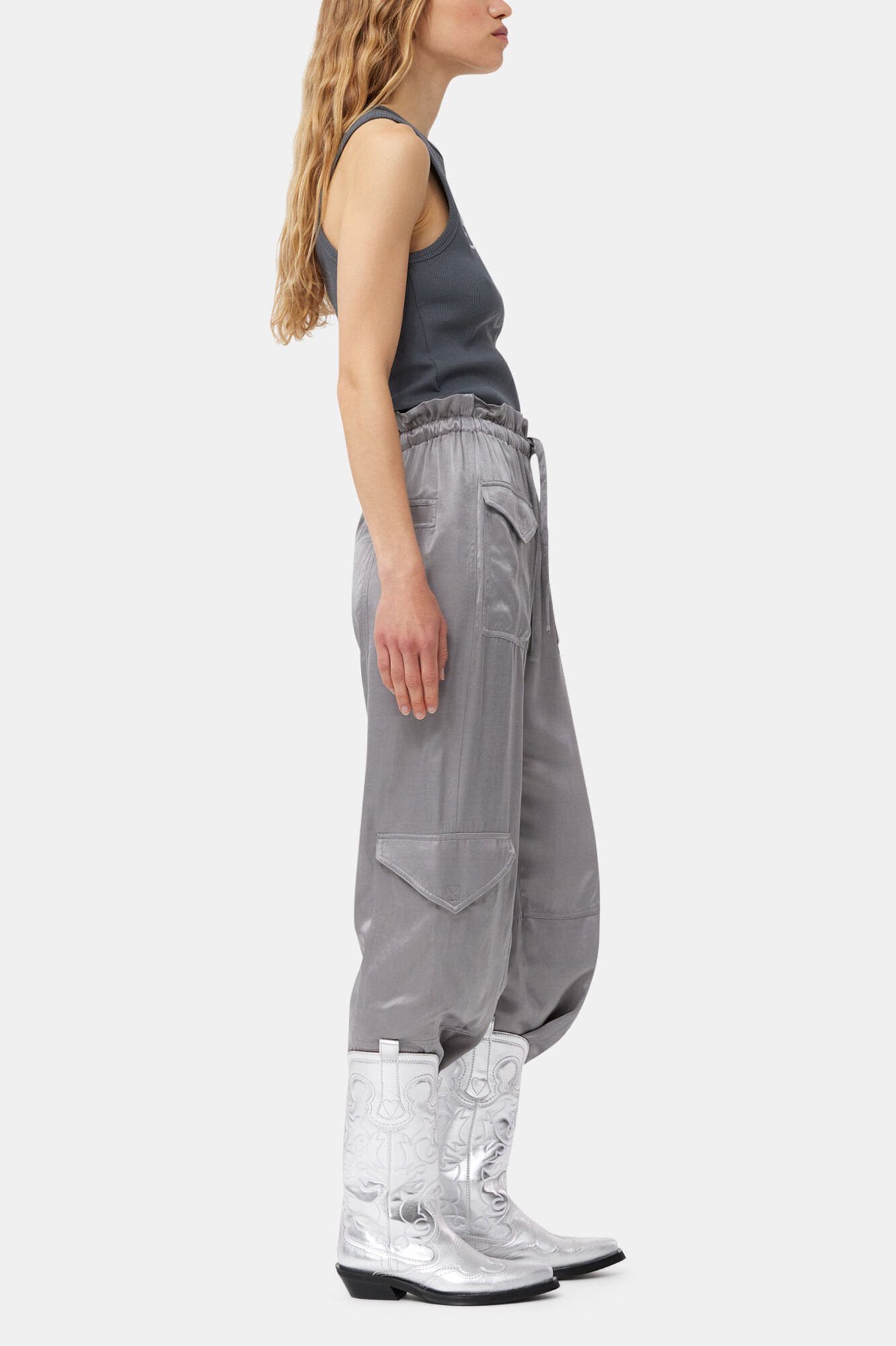 GANNI/シルバー ウエスタンブーツ Silver Mid Shaft Embroidered Western Boots | GANNI US