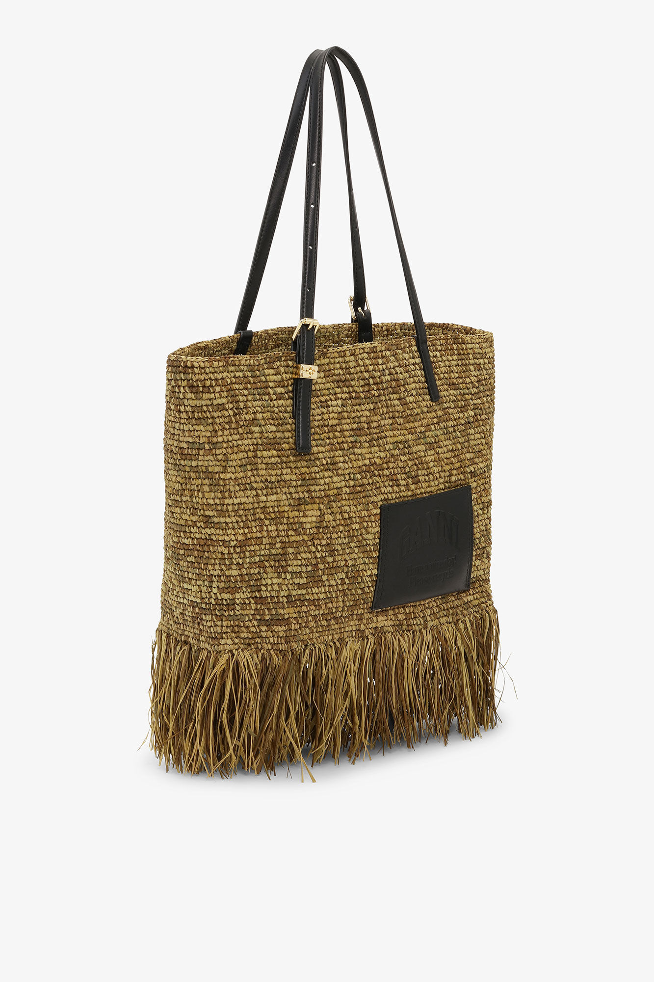 Raffia Tote Fringes Bag Small, in colour Spinach Green - 2 - GANNI