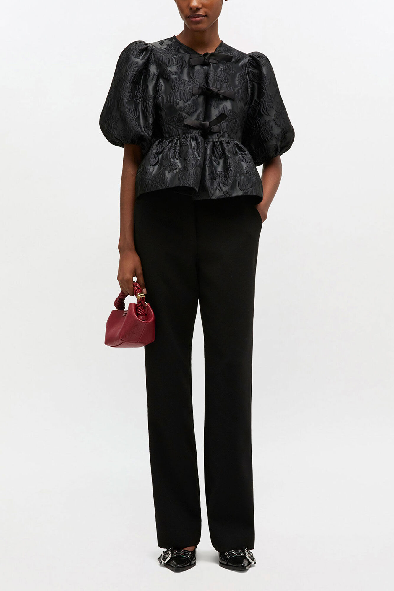 Satin Peplum Tie Blouse, Recycled Polyester, in colour Black - 2 - GANNI