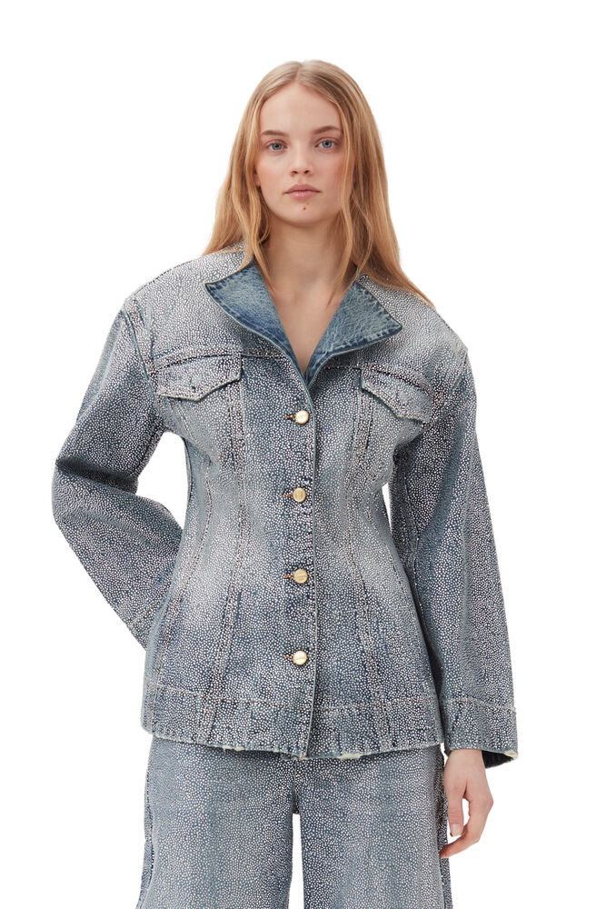 GANNI Sparkle Denim Fitted Blazer,Tint Wash