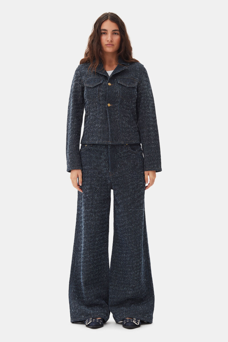 Blazer en denim duveteux bleu foncé, Cotton, in colour Rinse - 2 - GANNI