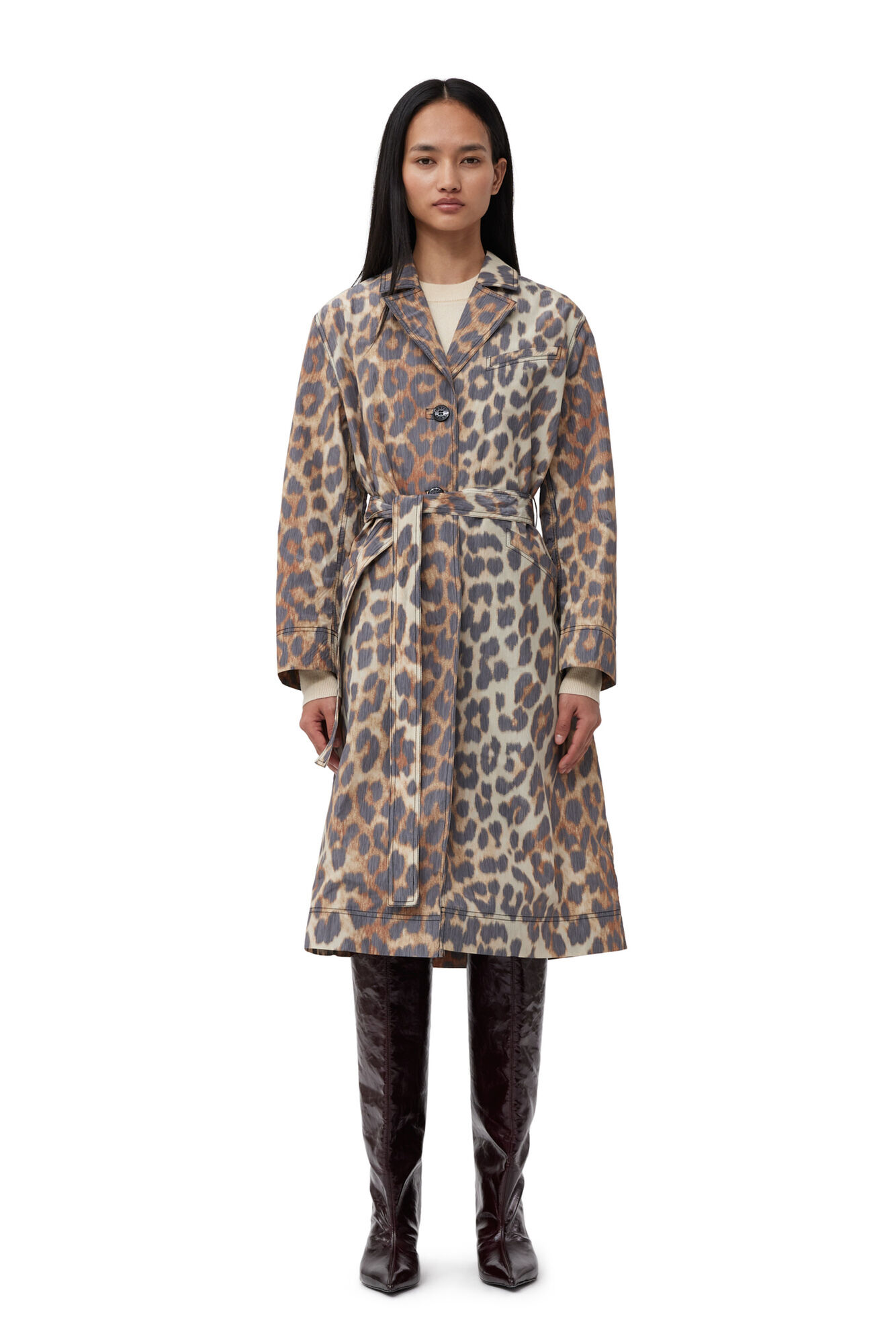 Ganni Leopard Crispy Shell Belt Coat