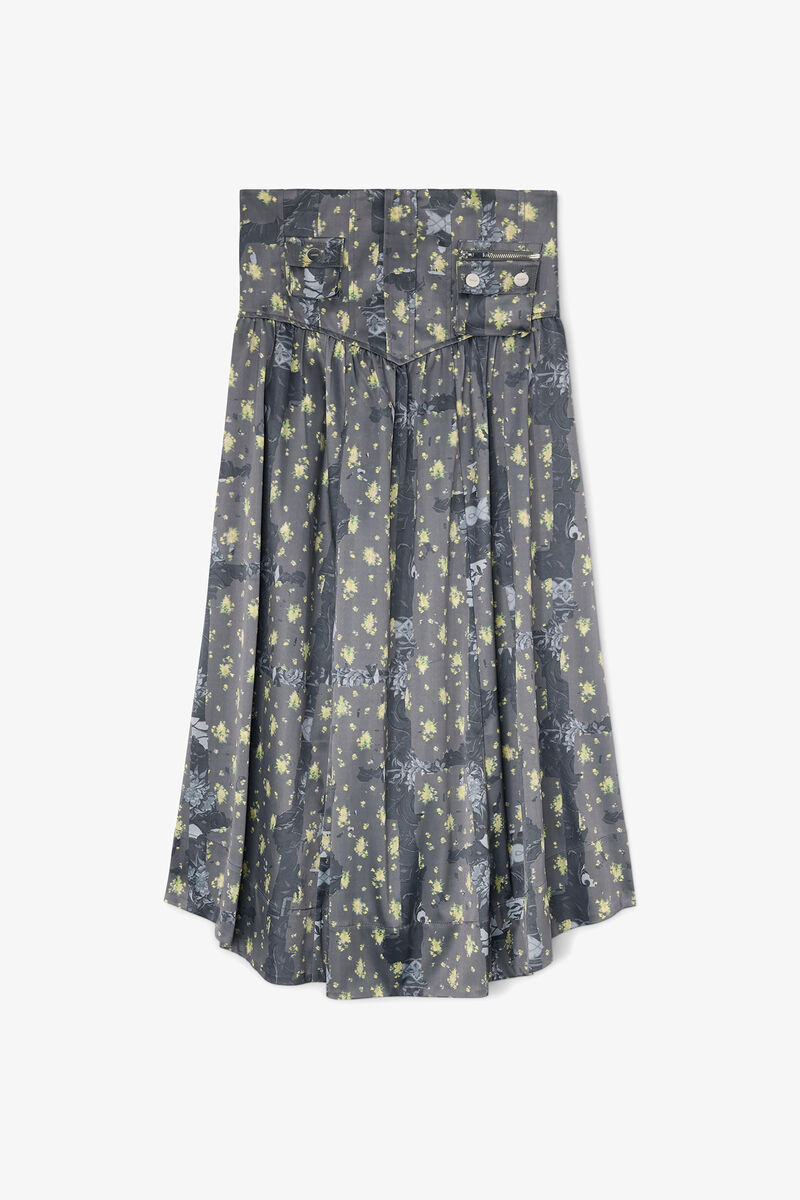 Jupe en satin imprim&eacute;, Recycled Polyester, in colour Black Sand - 1 - GANNI