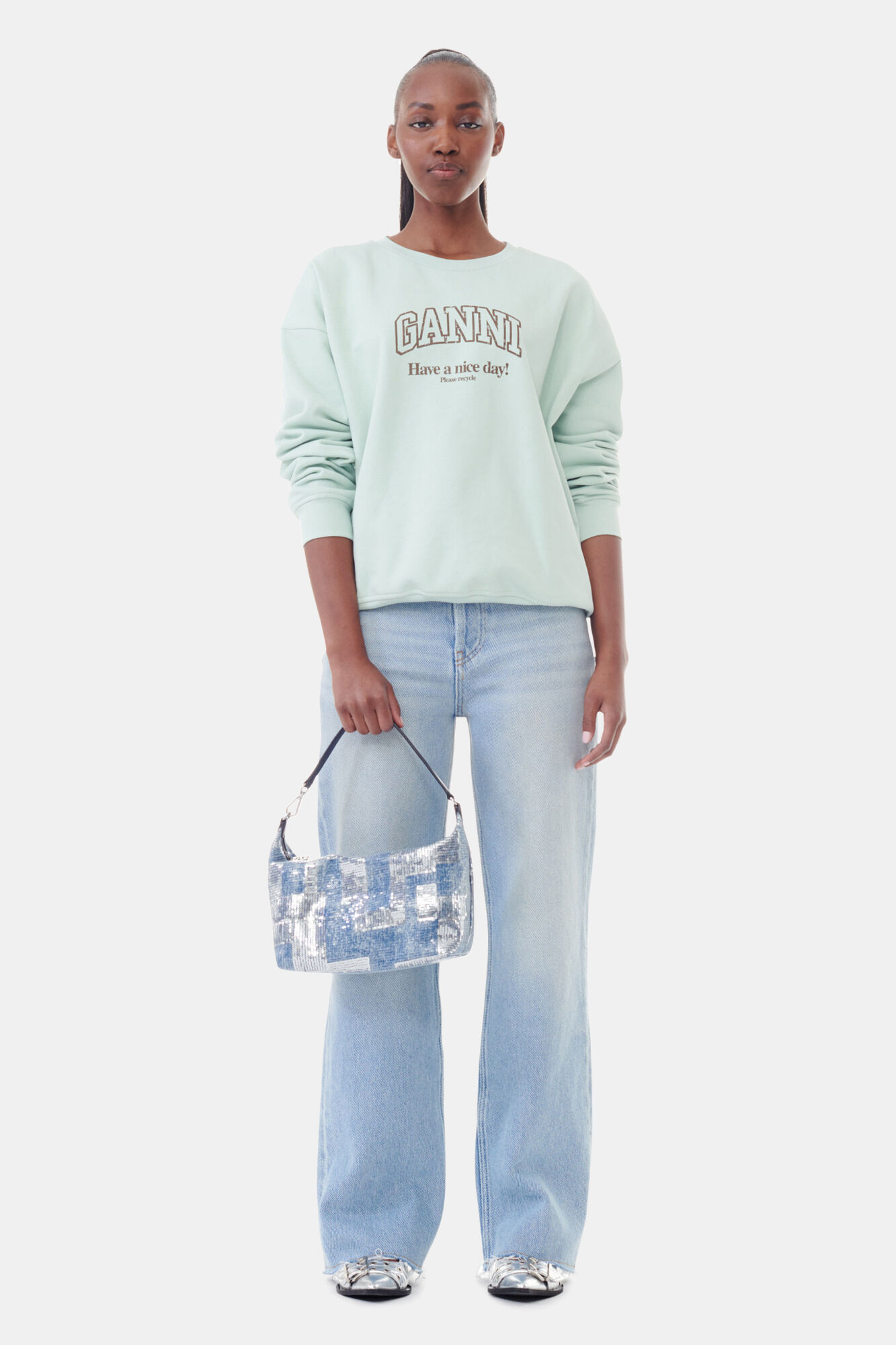 Mint Green Isoli Oversized Sweatshirt, Cotton, in colour Aqua Foam - 2 - GANNI