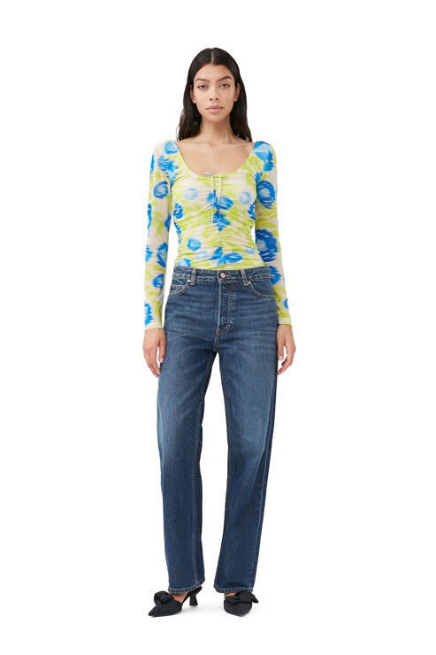 Ganni Printed Mesh U-neck Ruched Blouse In Strong Blue