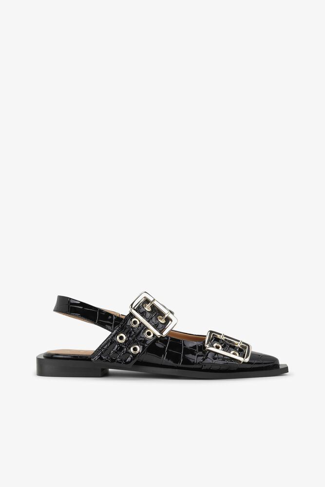 Feminine Buckle Ballerinas in Black Croco Patent, Black