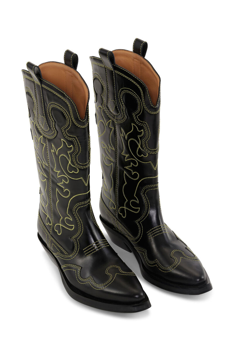 Mid Shaft Embroidered Western Boots, Leather, in colour Black/Yellow - 3 - GANNI