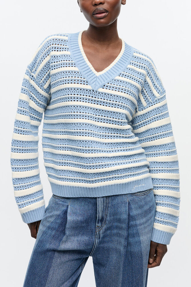 Blue Striped Cotton V-neck Jumper, Egret