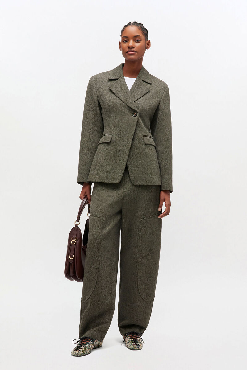 Green Mouline Curved Trousers, Organic Cotton, in colour Forest Night - 1 - GANNI