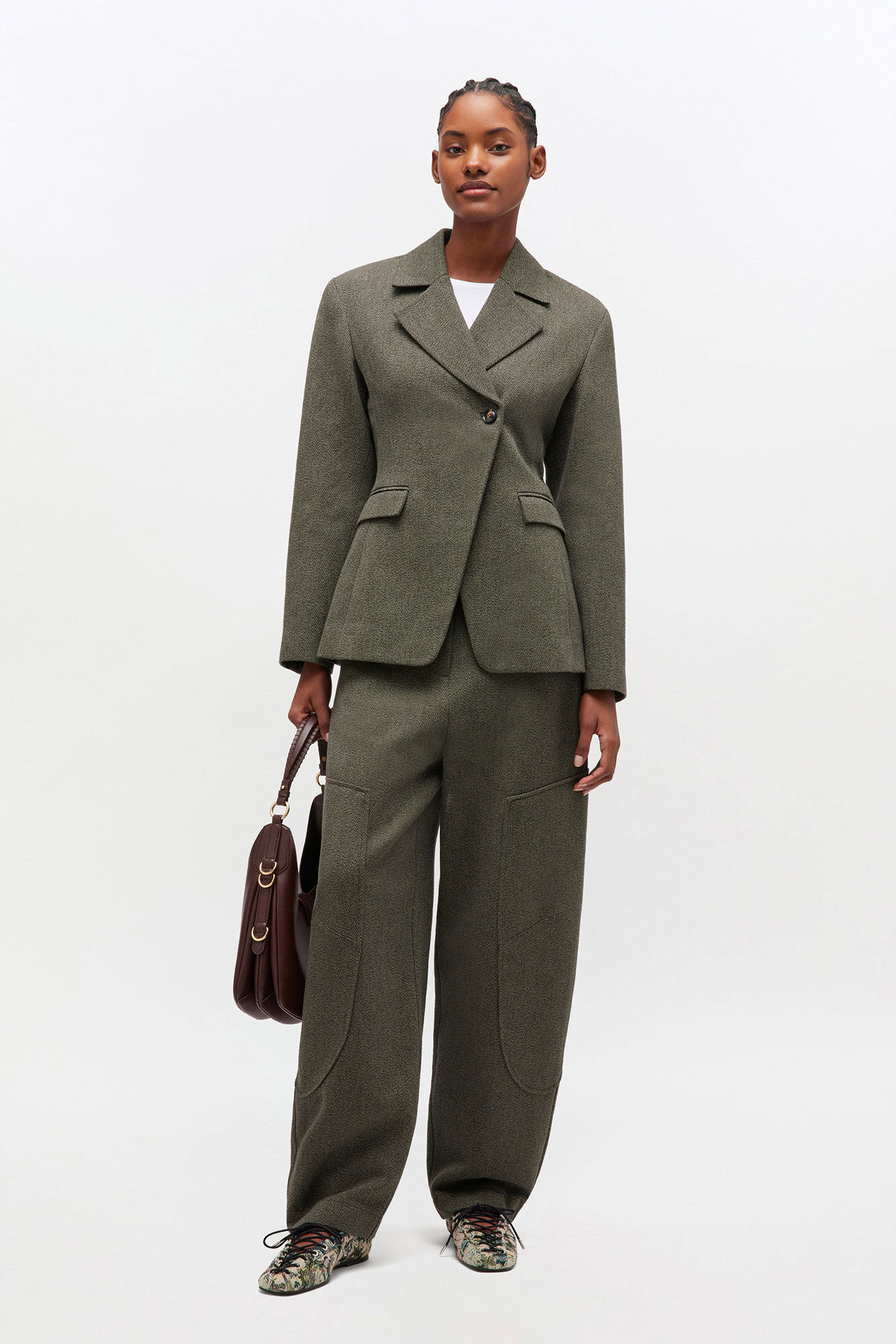 Green Mouline Curved Trousers, Organic Cotton, in colour Forest Night - 1 - GANNI