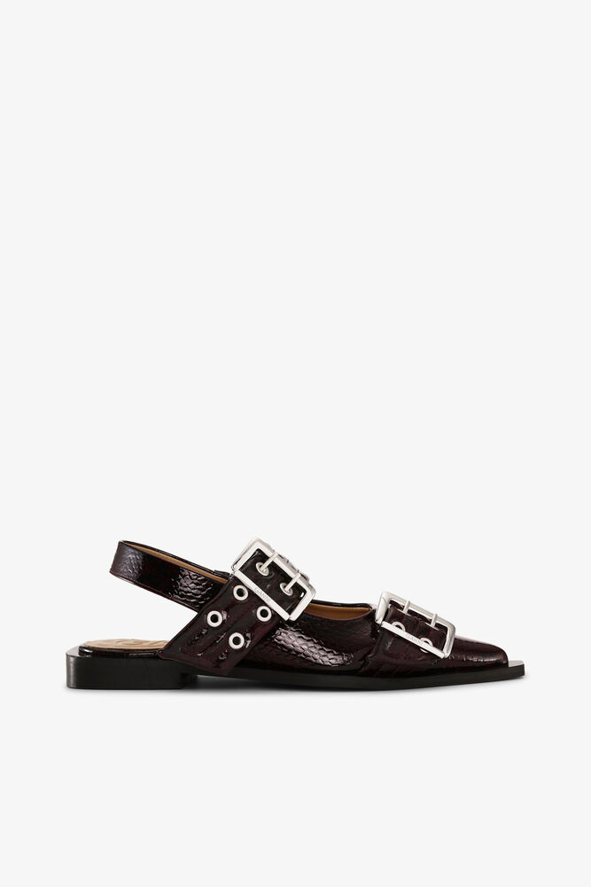 Feminine Buckle Ballerinas in Snake Burgundy, Dark Burgundy