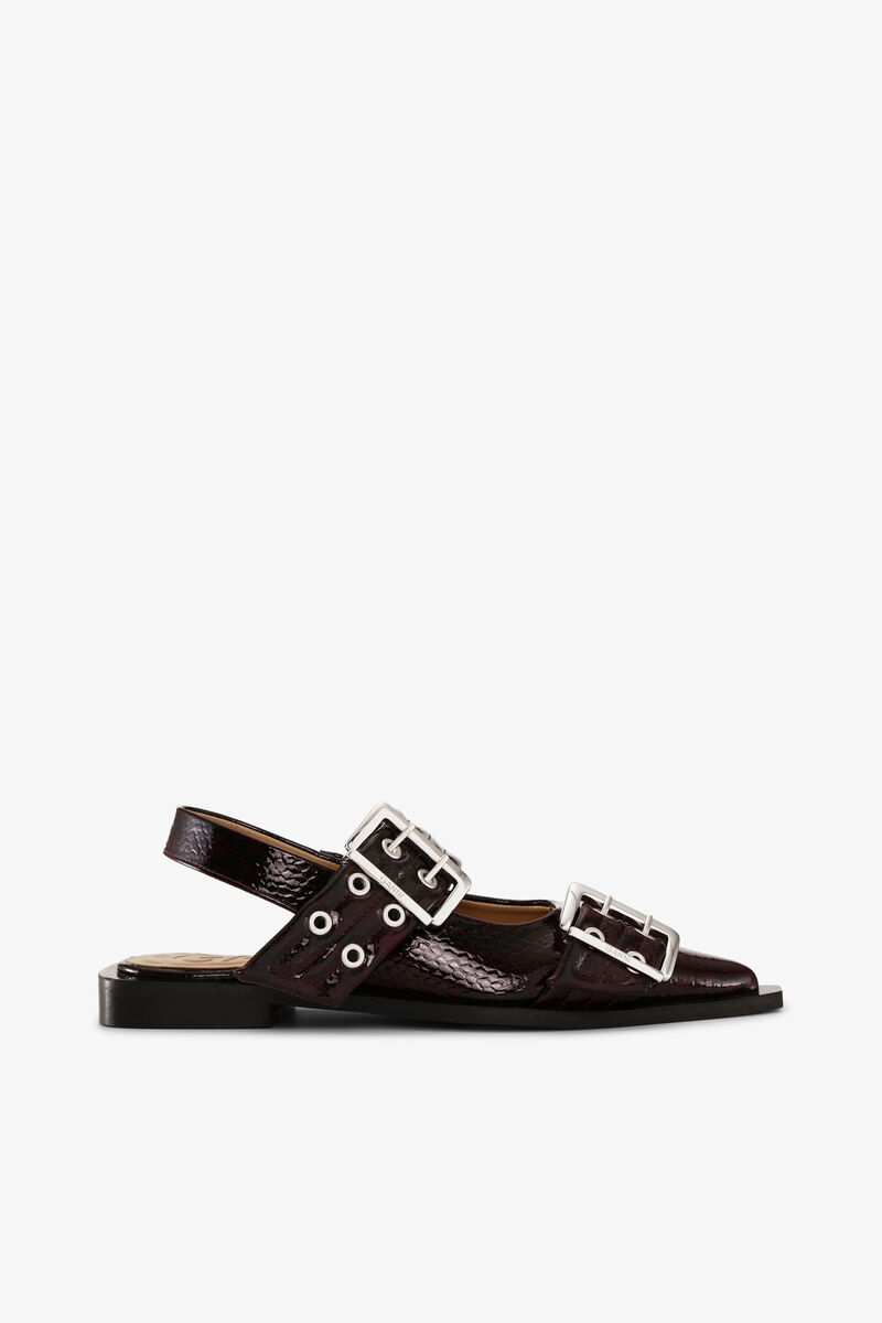 Feminine Buckle Ballerinas in Snake Burgundy, Recycled Leather, in colour Dark Burgundy - 1 - GANNI