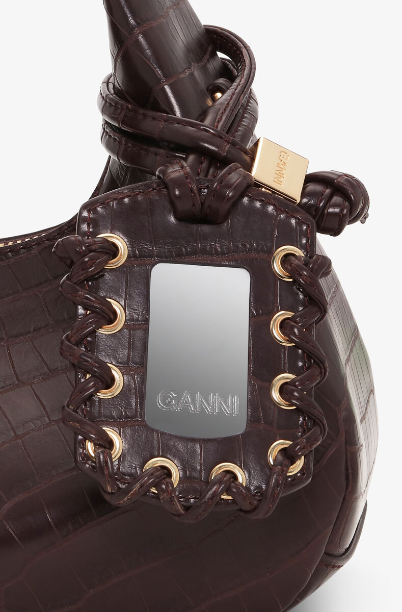 Braune Mini-Hobo-Tasche in Kroko-Optik, Lyocell, in colour Chocolate Fondant - 5 - GANNI
