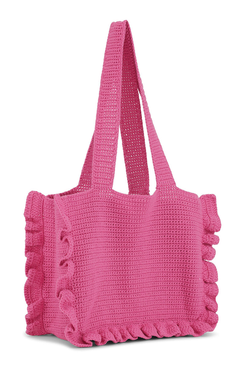 Crochet Frill Tote Solid Bag, Cotton, in colour Shocking Pink - 2 - GANNI