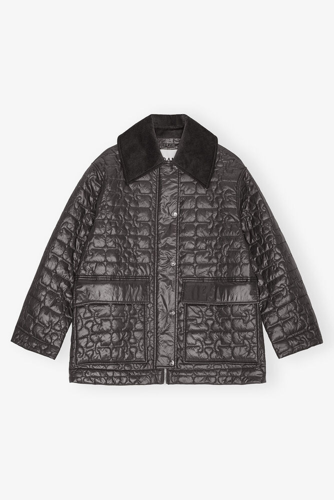 Black Shiny Quilt Midi Jacket, Phantom