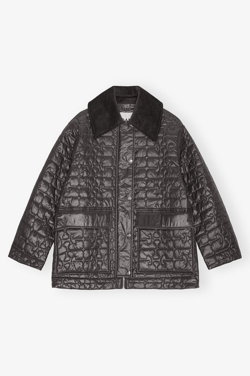 Black Shiny Quilt Midi Jacket, Recycled Nylon, in colour Phantom - 1 - GANNI