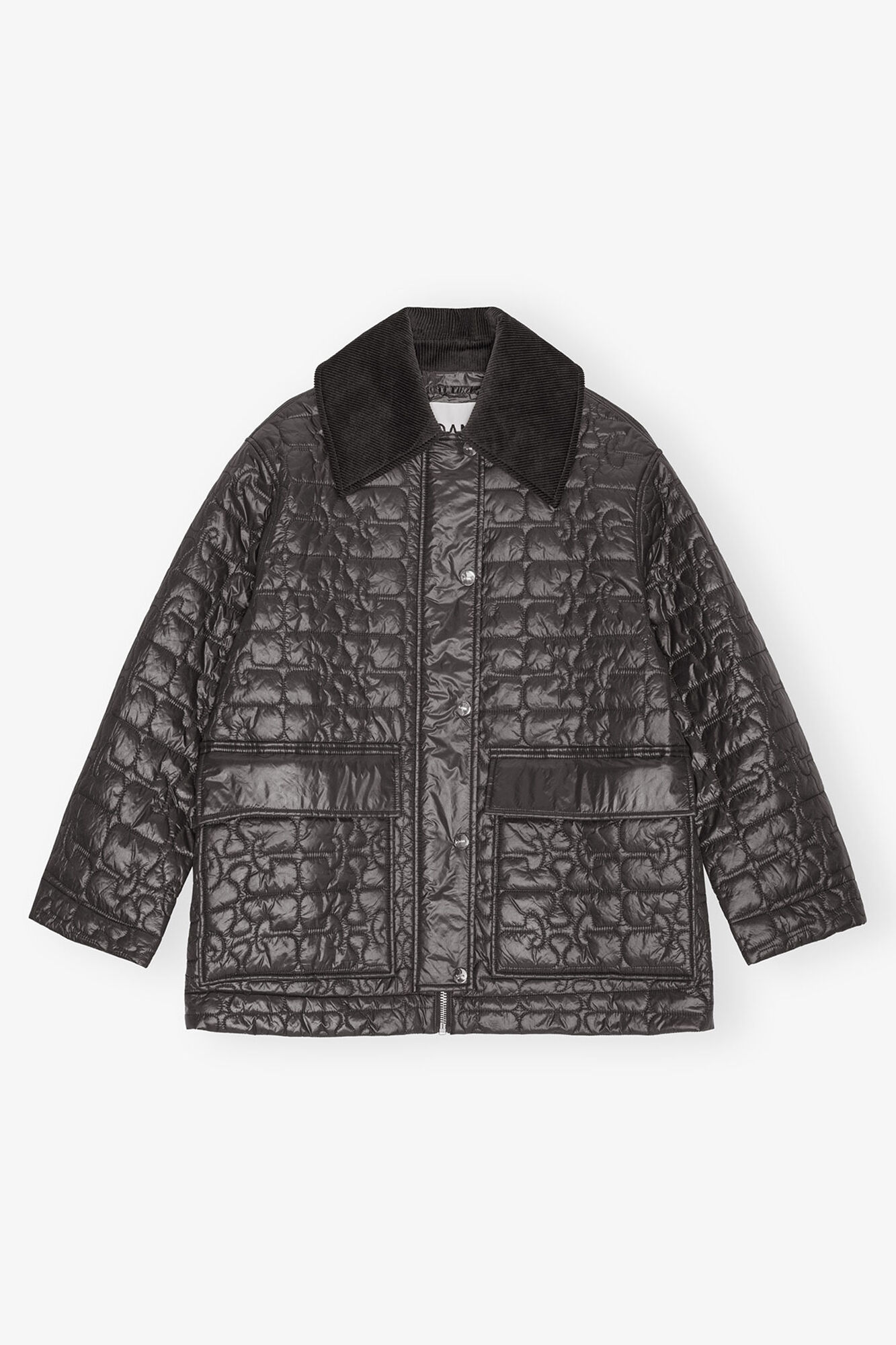 Black Shiny Quilt Midi Jacket, Recycled Nylon, in colour Phantom - 1 - GANNI