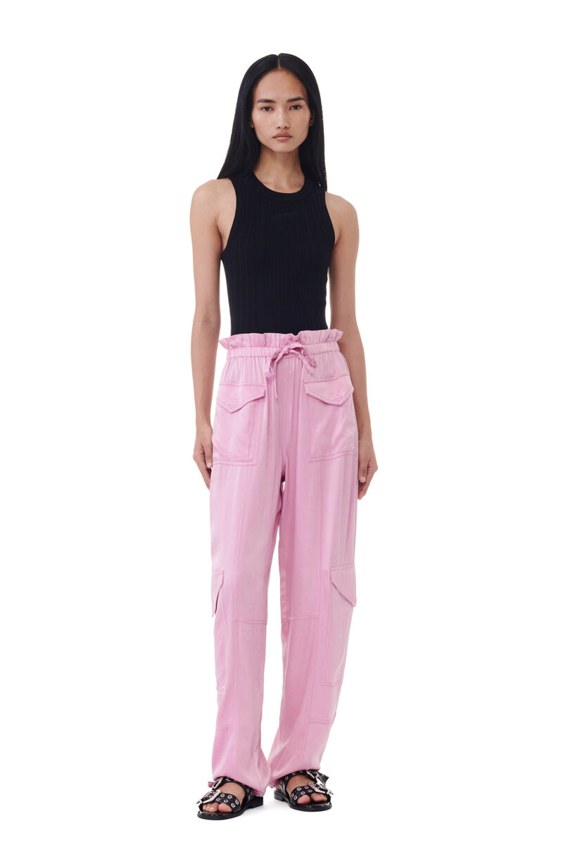 Pink Washed Satin Pants, Cupro, in colour Bleached Mauve - 1 - GANNI