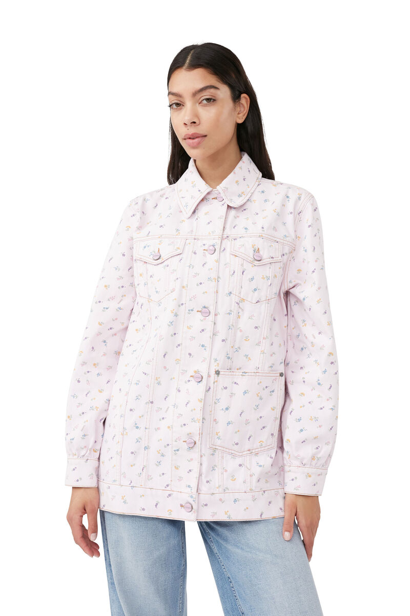Oversized Flower Print Denim Jacket , Cotton, in colour Pink Tulle - 1 - GANNI