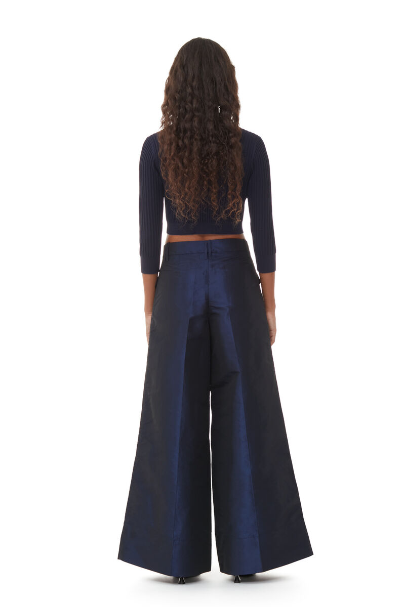 Blue Shiny Taffeta Wide High-waisted Trousers, Polyester, in colour Sodalite Blue - 3 - GANNI