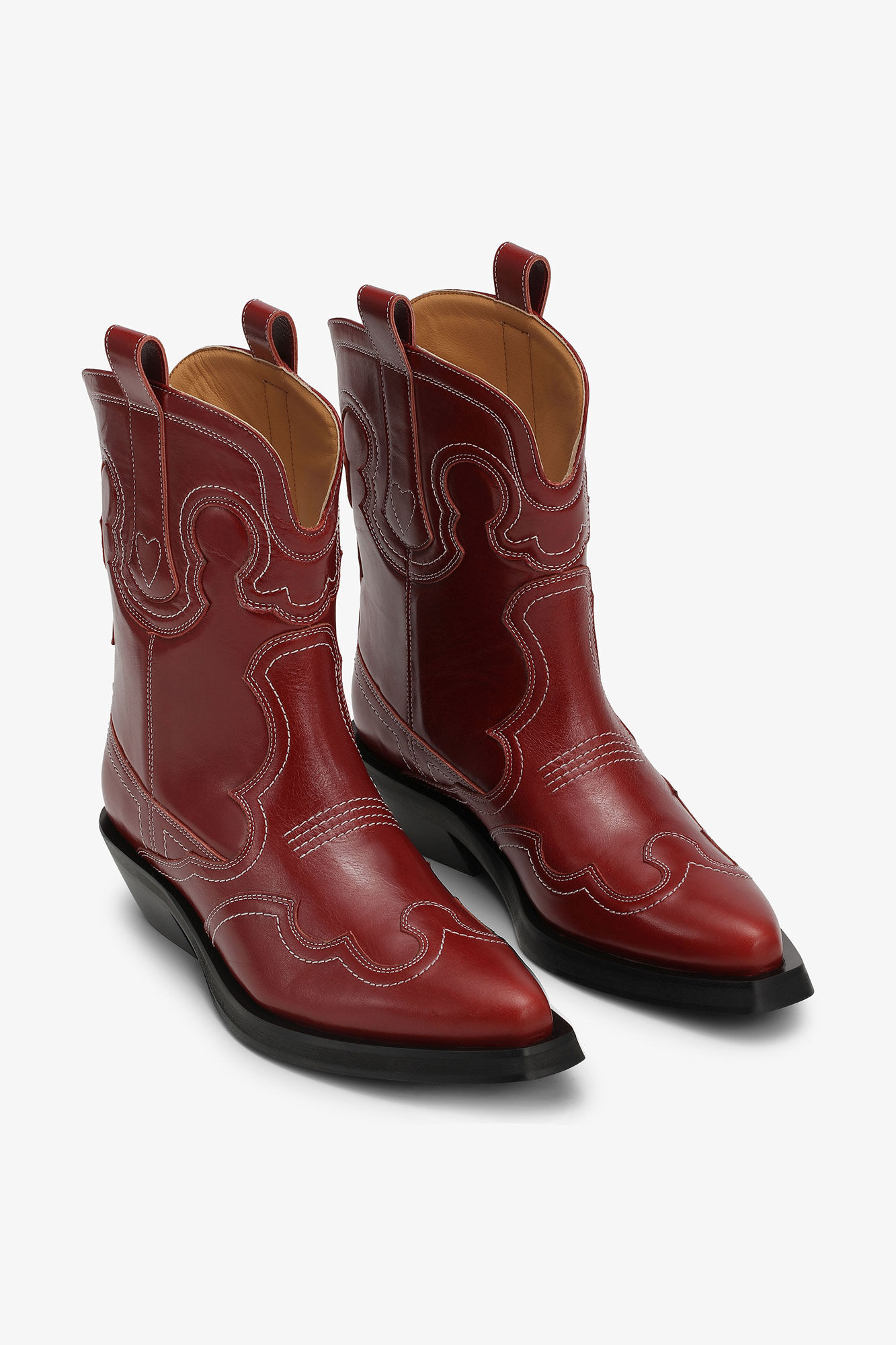 Bottes Western Red Low Shaft Embroidered, Calf Leather, in colour Barbados Cherry - 3 - GANNI