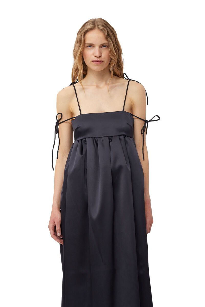 Black Double Satin String Long-kjole, Elastane, in colour Black - 4 - GANNI
