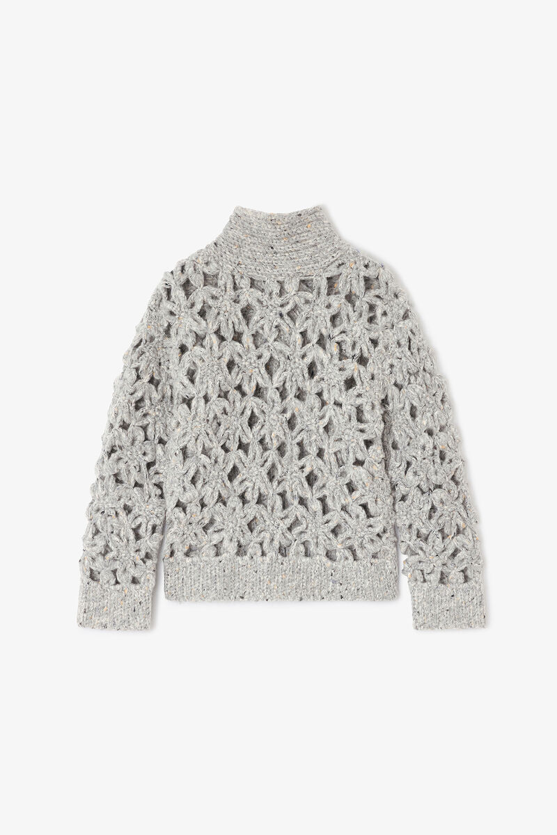 Grey Flower Crochet Sweater, Wool, in colour Paloma - 1 - GANNI