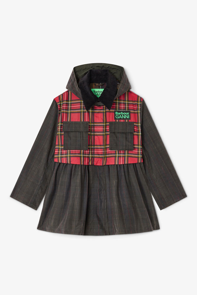 Peplum Wax Jacket in Tartan, Dark Green